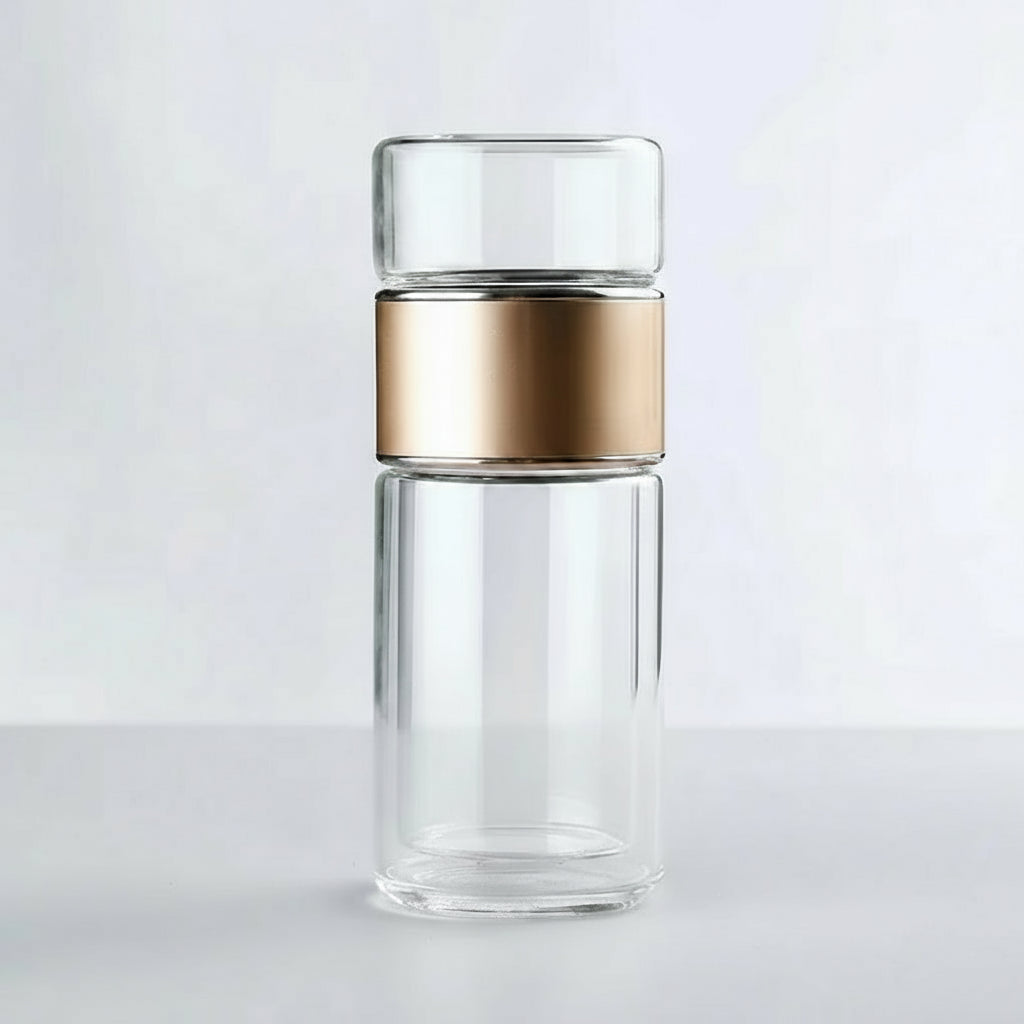 Bouteille à Thé en Verre Double Paroi 420ml – Infuseur Intégré & Étui Antifuite | Design Élégant & Durable