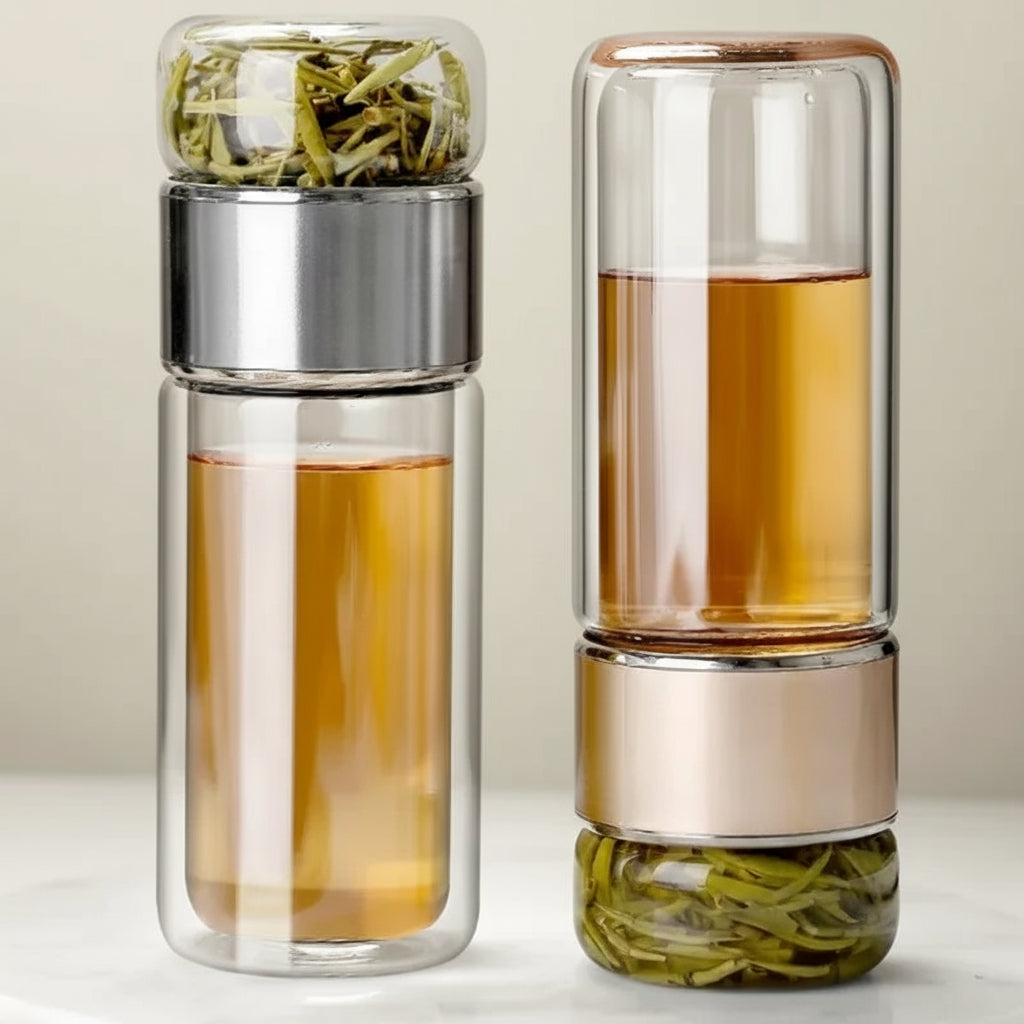 Bouteille à Thé en Verre Double Paroi 420ml – Infuseur Intégré & Étui Antifuite | Design Élégant & Durable
