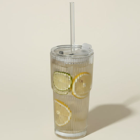 Verre à Boisson Rayé 600ml avec Couvercle & Paille Tout en Verre – Gobelet Transparent pour Café Glacé, Jus & Eau | Style Éco & Chic