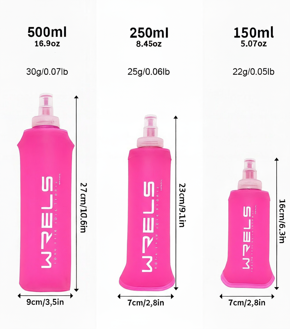 Gourde Pliable en Silicone ROSE 150ml / 250ml / 500ml – Bouteille Souple Réutilisable pour Sport, Running & Voyage