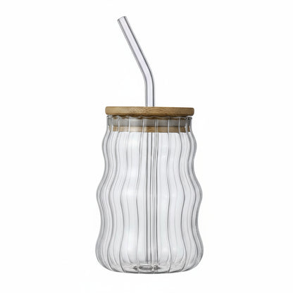 Gobelet en Verre Rainuré Borosilicate 500ml avec Couvercle Bambou & Paille – Élégance Durable pour Café, Jus & Cocktails