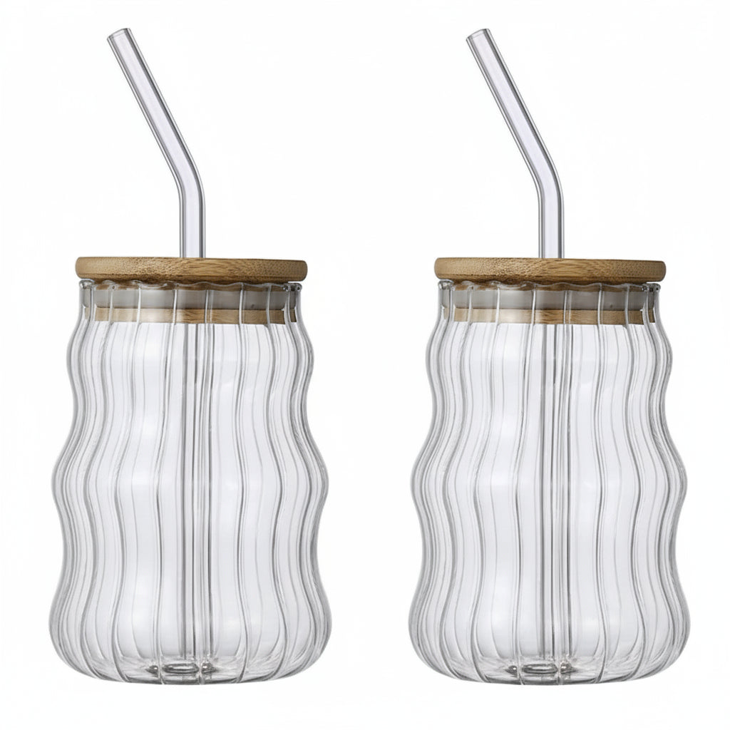 Gobelet en Verre Rainuré Borosilicate 500ml avec Couvercle Bambou & Paille – Élégance Durable pour Café, Jus & Cocktails