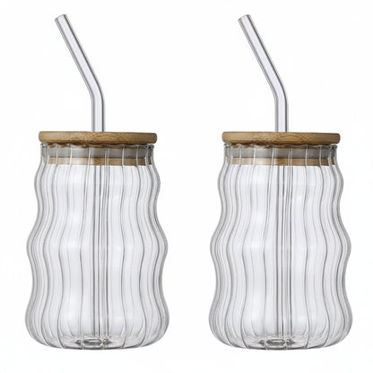 Gobelet en Verre Rainuré Borosilicate 500ml avec Couvercle Bambou & Paille – Élégance Durable pour Café, Jus & Cocktails