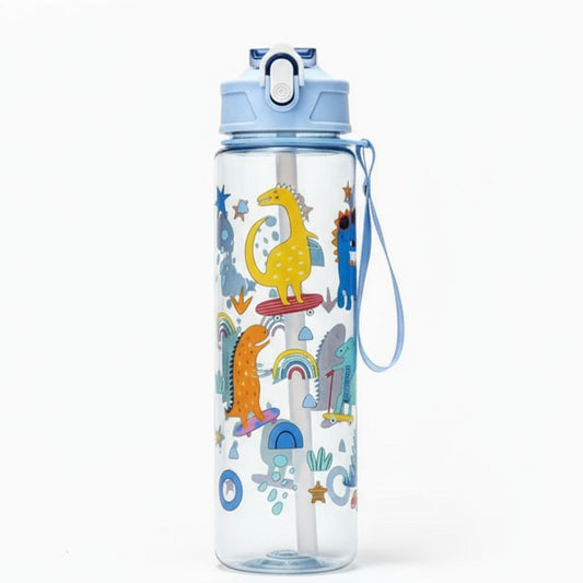 Gourde Enfant 750ml Dinosaure Transparente – Bouteille Étanche avec Paille & Sangle | Sans BPA & Ludique