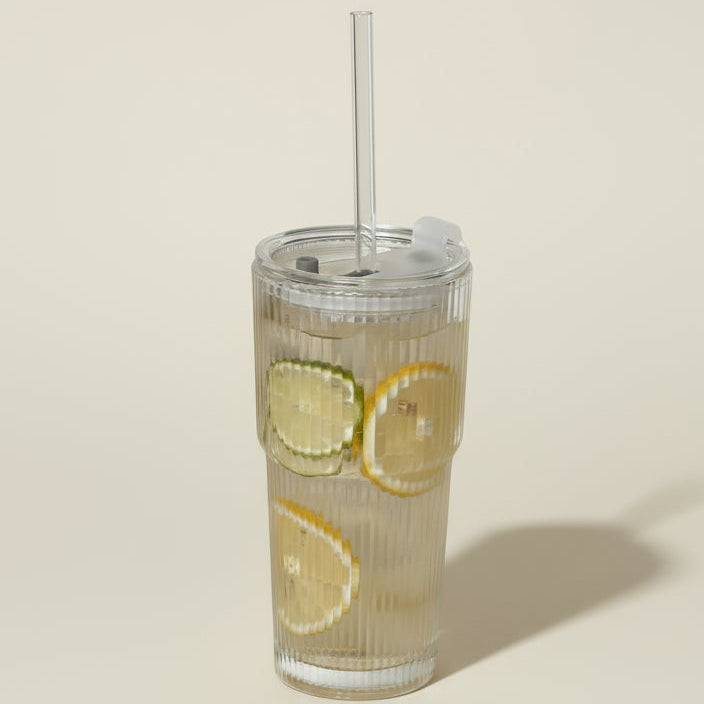 Verre à Boisson Rayé 600ml avec Couvercle & Paille Tout en Verre – Gobelet Transparent pour Café Glacé, Jus & Eau | Style Éco & Chic