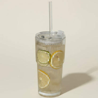 Verre à Boisson Rayé 600ml avec Couvercle & Paille Tout en Verre – Gobelet Transparent pour Café Glacé, Jus & Eau | Style Éco & Chic