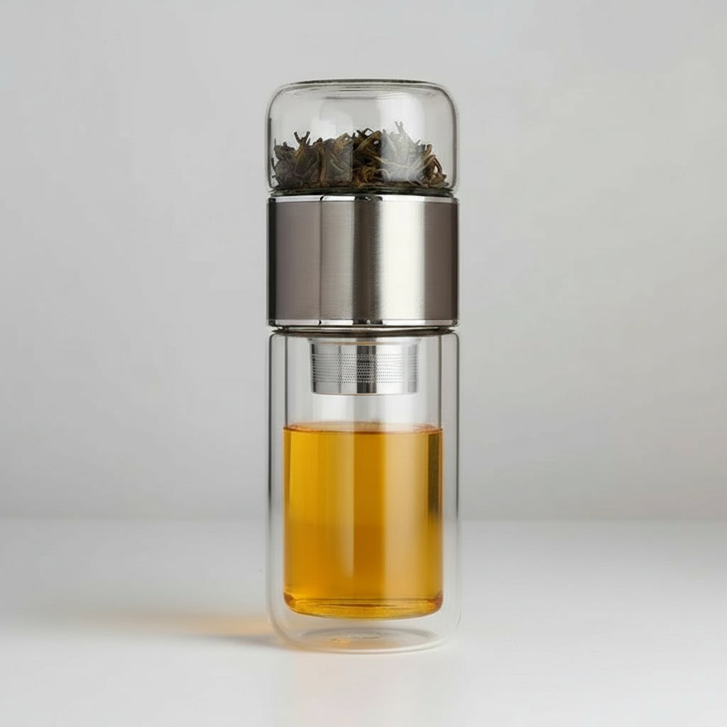 Bouteille à Thé en Verre Double Paroi 420ml – Infuseur Intégré & Étui Antifuite | Design Élégant & Durable