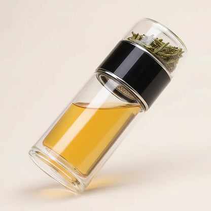 Bouteille à Thé en Verre Double Paroi 420ml – Infuseur Intégré & Étui Antifuite | Design Élégant & Durable